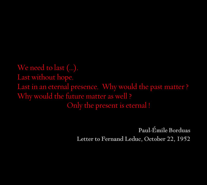 Page 2 of the album, letter from Paul-Émile Borduas to Fernand Leduc, text on black background.