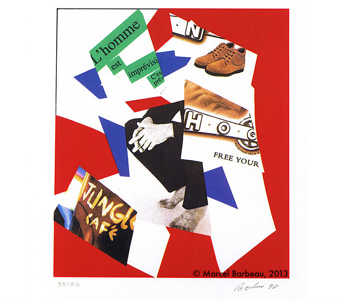 Page 3 of the album, «Collage» by Marcel Barbeau, made from magazine cuttings on a red and white background.