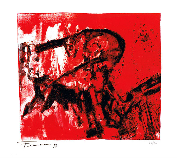 Page 4 de l'album, «Sans titre» de Marcelle Ferron, fait de traits noirs sur fond rouge et blanc.