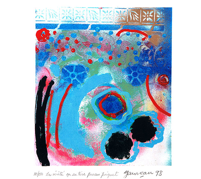 Page 5 of the album, «You cannot arm wrestle the truth» by Pierre Gauvreau, made of color markings on a blue background.