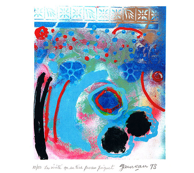 Page 5 de l'album, «La vérité ça se tire pas au poignet» de Pierre Gauvreau, fait de traits de couleur sur fond bleu.