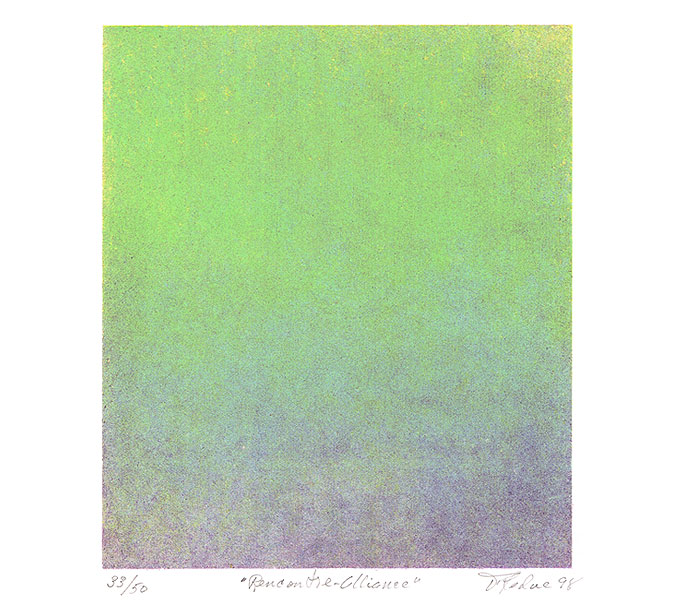 Page 6 of the album, «Meeting-alliance» by Fernand Leduc, made of a vertical gradient from violet to green.
