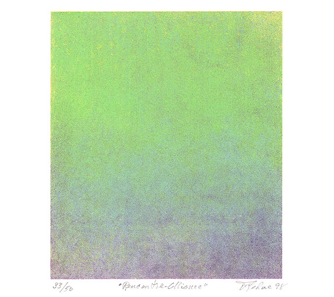 Page 6 de l'album, «Rencontre-alliance» de Fernand Leduc, formé d’un gradient vertical allant du violet vers le vert.