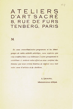 Brochure of the Atelier des arts sacrés de Paris. 
Cover page showing the name of the school as well as its address in Paris.