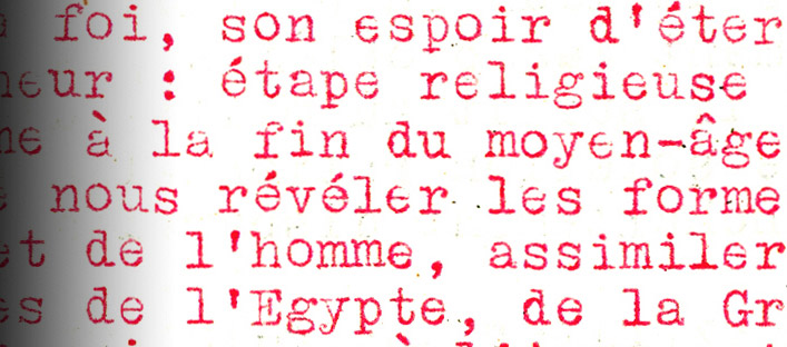 Detail of the manifesto. We can read words such as Middle-Ages, religious stages, Egypt, Renaissance.
