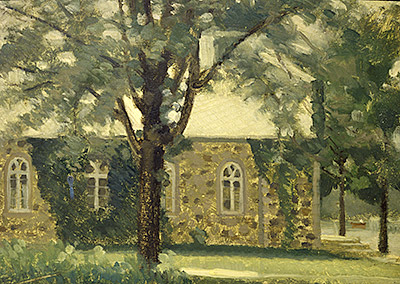 Paul-Émile Borduas, Church of Saint-Hilaire. Painting showing the church surrounded by trees.