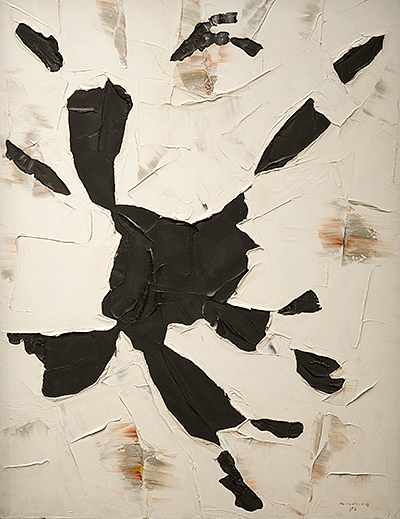 Radiating Expansion. Composition of exploding black shapes on a white spatula applied background.