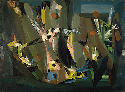 The Winged Courier of the Cliff, or 5.47. Composition that look like pink, green and black tall stylized characters.