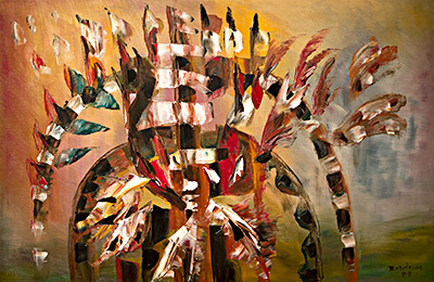 Paul-Émile Borduas, Joust in the Apache Rainbow. Application of white, ochre, red and black streaks using a palette.