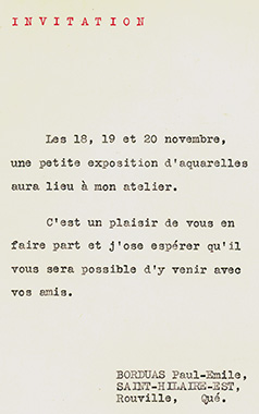 Letter of invitation to an exhibit of children’s watercolors that took place at Borduas’ studio.
