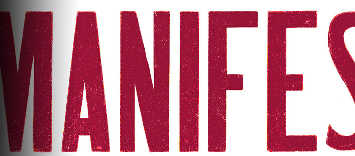 Detail the cover page of Refus Global of the word "manifesto" in bold red letters on a white background.