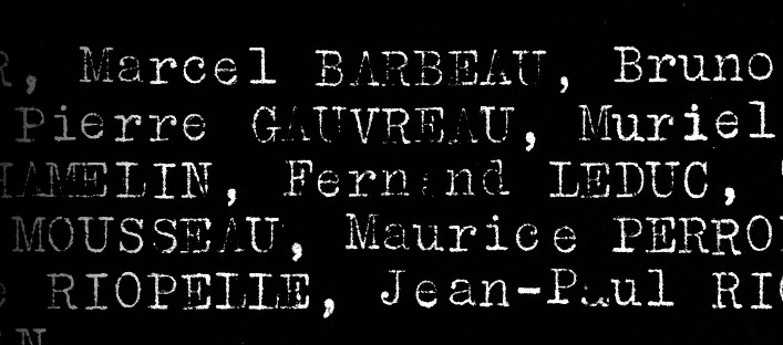 Page of signatories of de Refus global (inverted detail). Close up of names written with a typewriter.