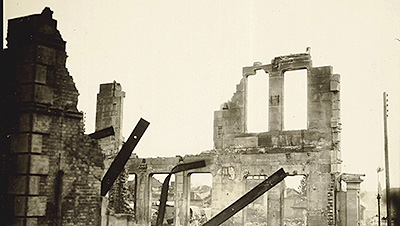Scene from the video showing a church in ruins in Lorraine during World War 1.