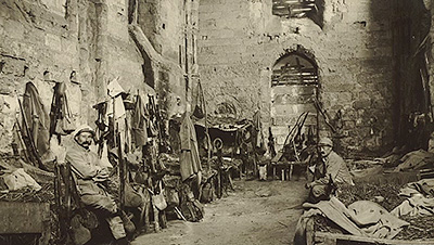 Scene from the video showing two soldiers inside a church in ruins.