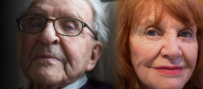 Current portraits of Fernand Leduc and Françoise Sullivan.