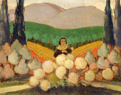 Paul-Émile Borduas, Synthesis of a landscape of Saint-Hilaire. Woman standing in a field with a mountain in the background.