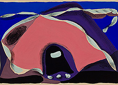 N° 47 or Le trou-des-fées. Composition of a grotto with a pink frame and a blue, violet, grey and black background.