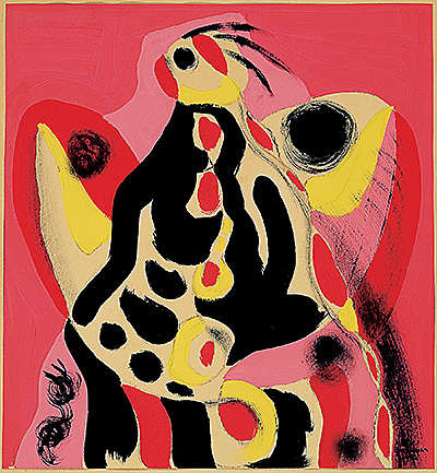Paul-Émile Borduas, Untitled (One Bird). Stylized composition representing a bird with open wings on a red background.