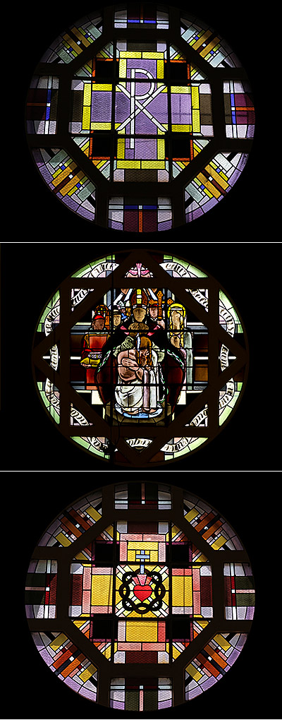 Three stained glass windows from the church of
Xivray-et-Marvoisin. Two are abstract, the third represents a biblical scene.