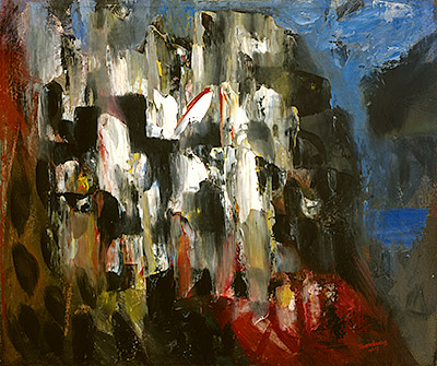 The white veils of the cliff-castle. Composition made up of white, green and black vertical streaks.