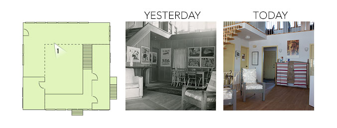 House plan showing views from yesterday and today, in the direction of the main entrance.