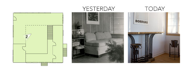 House plan showing views from yesterday and today, in the direction of the mountain facing corner of the living room.