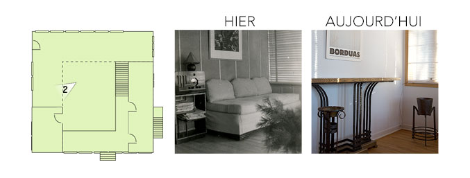 Plan de la maison illustrant les vues d’hier et d’aujourd’hui, en direction du coin salon vers la montagne.