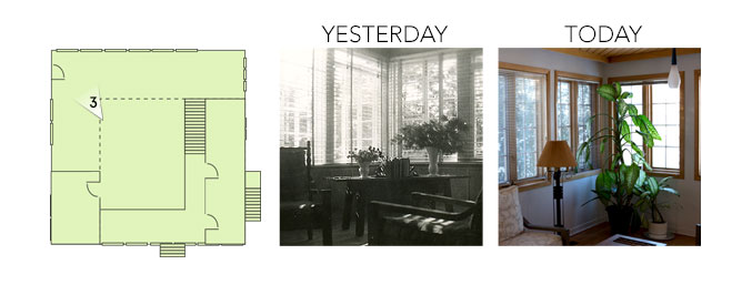 House plan showing views from yesterday and today, in the direction of the river facing corner of the living room.
