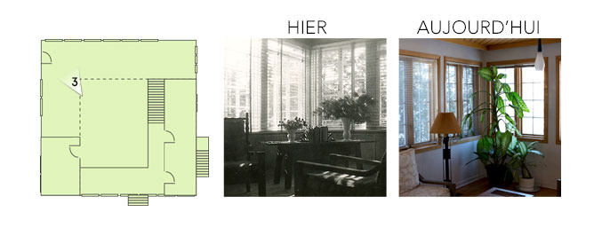 Plan de la maison illustrant les vues d’hier et d’aujourd’hui, en direction du coin salon vers la rivière.