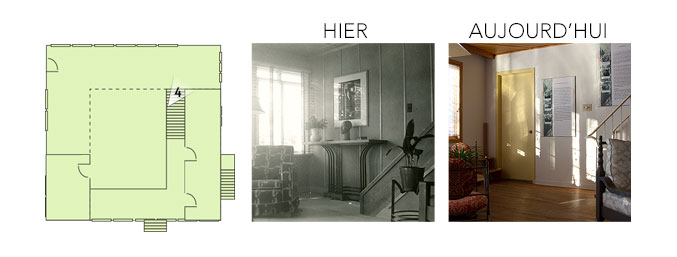 Plan de la maison illustrant les vues d’hier et d’aujourd’hui, en direction du coin cuisine vers la rivière.