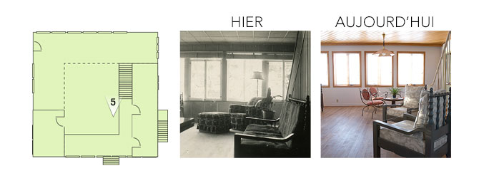 Plan de la maison illustrant les vues d’hier et d’aujourd’hui, en direction des fenêtres donnant sur la rivière.