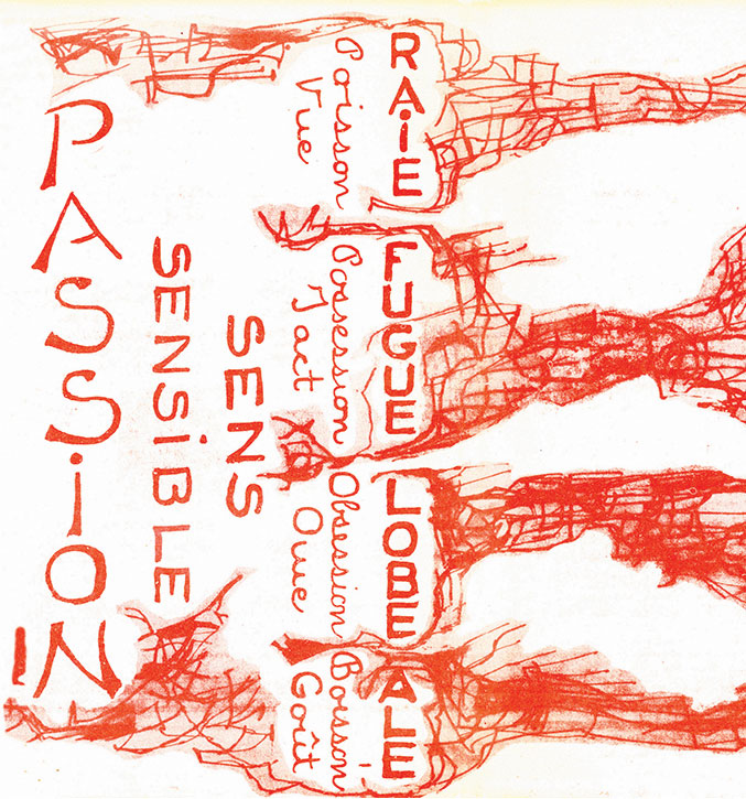 Cover of the «Refus global» manifesto, composed of an illustration of red lines on a white background and keywords.