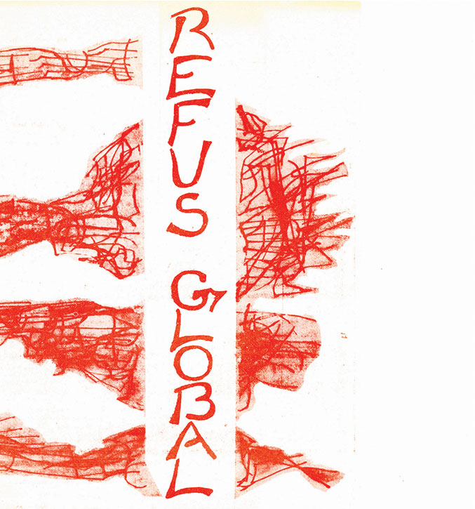 Cover of the «Refus global» manifesto, composed of an illustration of red lines on a white background and the title.