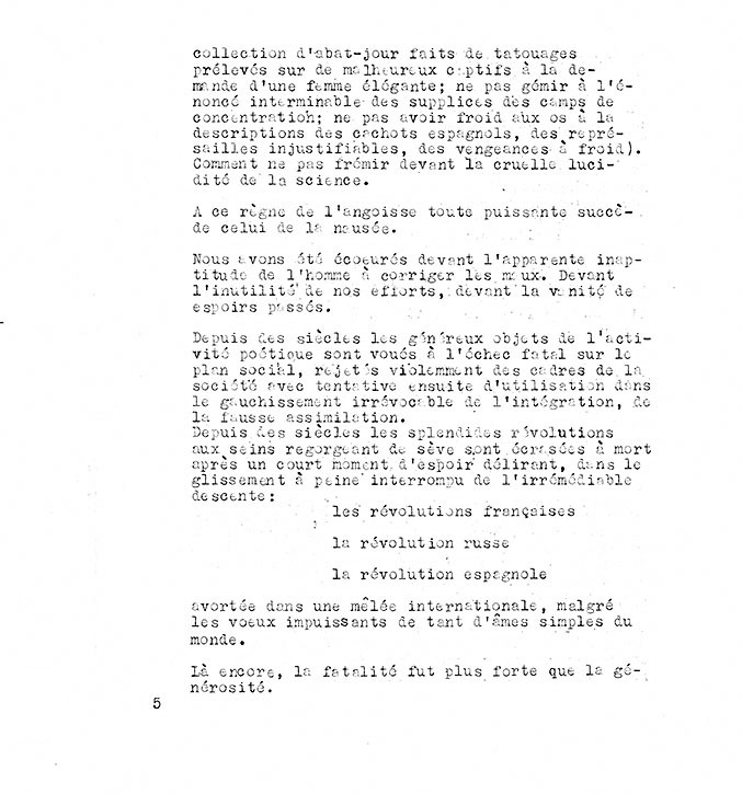 Page 5 of the «Refus global» manifesto, composed of typewritten text.
