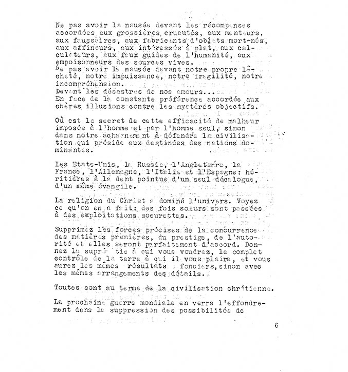Page 6 of the «Refus global» manifesto, composed of typewritten text.