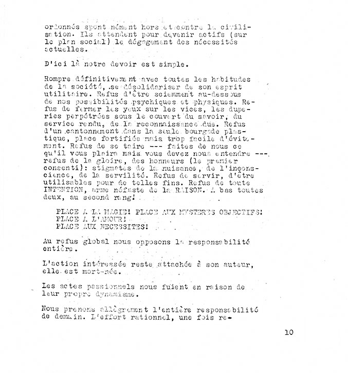 Page 10 of the «Refus global» manifesto, composed of typewritten text.