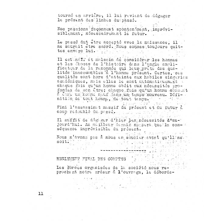 Page 11 of the «Refus global» manifesto, composed of typewritten text.