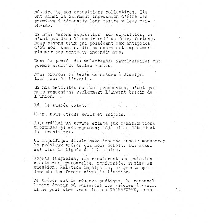 Page 14 of the «Refus global» manifesto, composed of typewritten text.