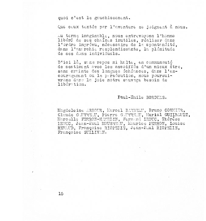 Page 15 of the «Refus global» manifesto, composed of typewritten text.